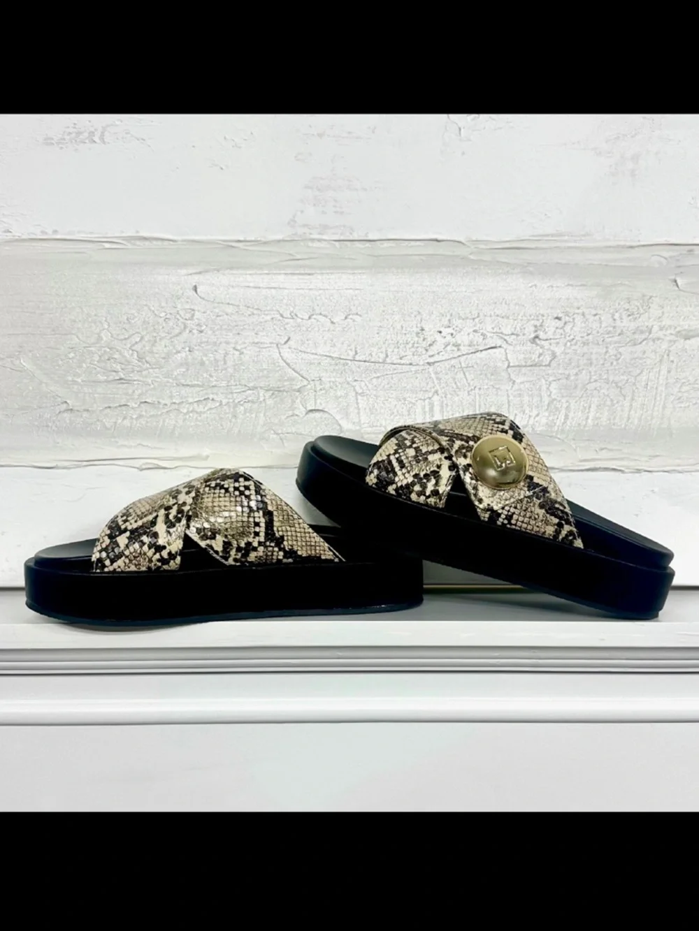 New in box. Katie sandals snakeskin ShuShop. Platform silver button